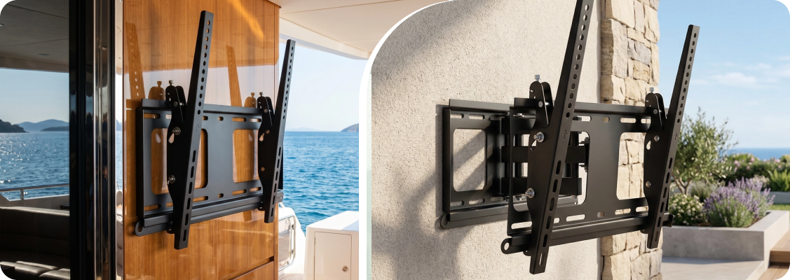 Various types of Spacetronik TV mounts: fixed, tilting, swivel, and ceiling, presenting installation flexibility