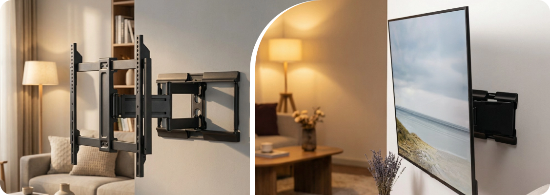 A man precisely mounting a TV on a wall using a bracket, with tools in the background, symbolizing the need for engineering precision and avoiding engineering mistakes.