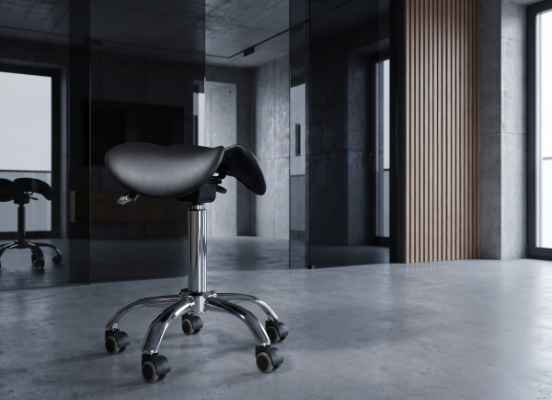 Spacetronik adjustable stools for desks in a hybrid work zone and flexible team meetings