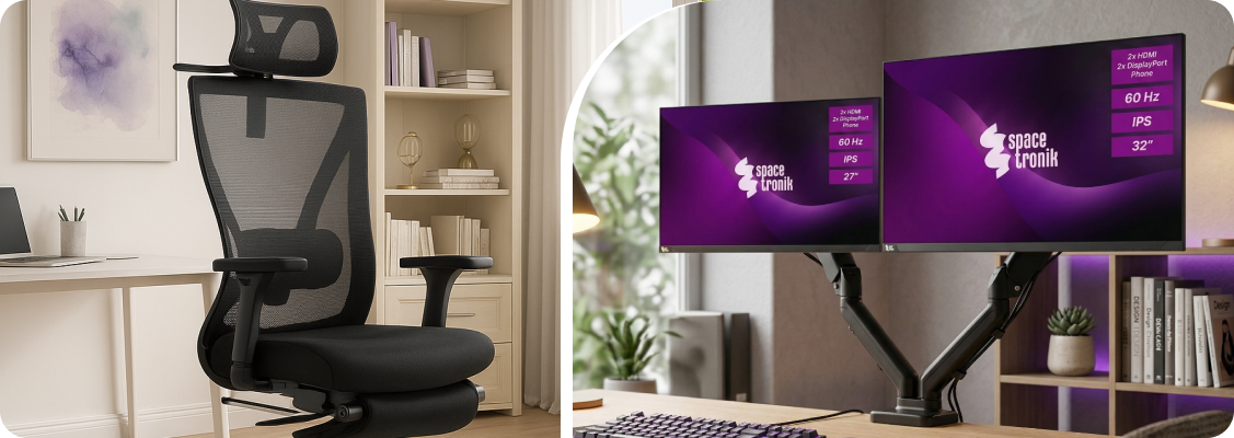An advanced Spacetronik ergonomic chair providing optimal spinal support in a home office.