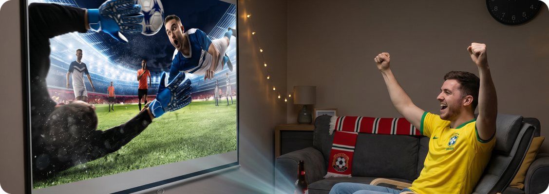 A modern projector displaying a high-quality image on a dedicated screen in a home living room.