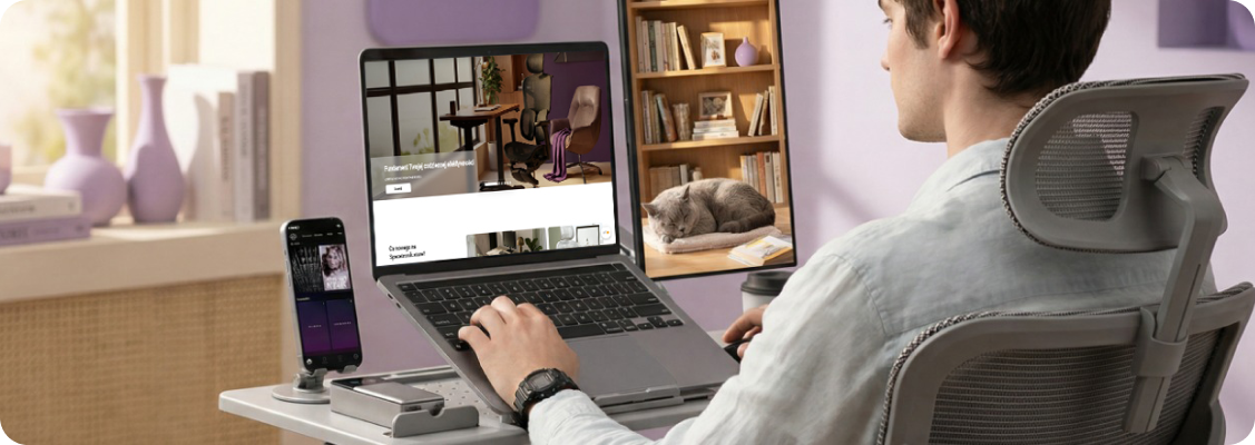 A computer workstation equipped with a laptop placed on a stable, ergonomic stand.