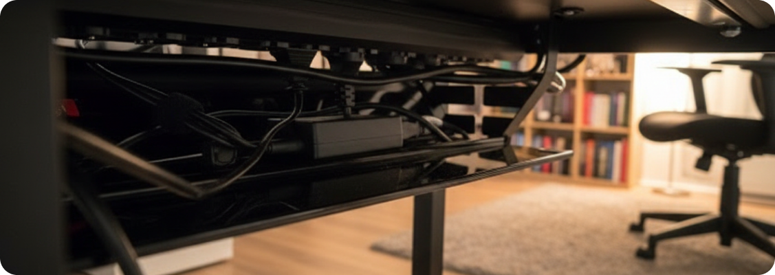 Aesthetically organized cables under the desk using professional Spacetronik cable organizers and covers.
