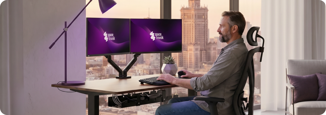 A computer workstation equipped with a monitor on an adjustable mount.