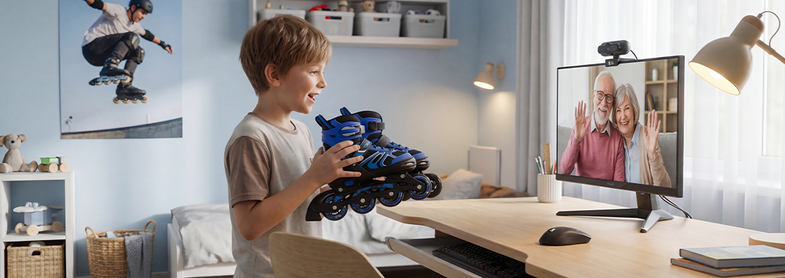 Grafika podsumowująca zestawienie TOP 10 nowoczesnych prezentów na Komunię 2026. Przedstawia innowacyjne rozwiązania marki Spacetronik, takie jak ergonomiczne biurka z elektryczną regulacją wysokości, profilowane fotele dbające o prawidłową postawę, uchwyty do monitorów, mikrofony studyjne oraz kamery internetowe 4K, które wspierają zdrowy rozwój i codzienną edukację dziecka.