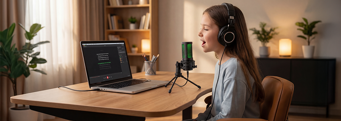 Nowoczesne stanowisko komputerowe dla dziecka z ergonomicznym biurkiem i mikrofonem studyjnym, idealne jako praktyczny prezent na Komunię 2026