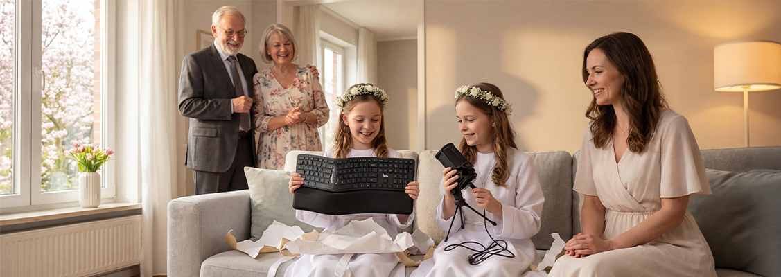 Zestawienie nowoczesnych prezentów na Pierwszą Komunię Świętą w 2026 roku. Kolaż przedstawiający ergonomiczne stanowisko do nauki z regulowanym biurkiem elektrycznym, nowoczesnym fotelem oraz innowacyjnymi akcesoriami technologicznymi dla dziecka.