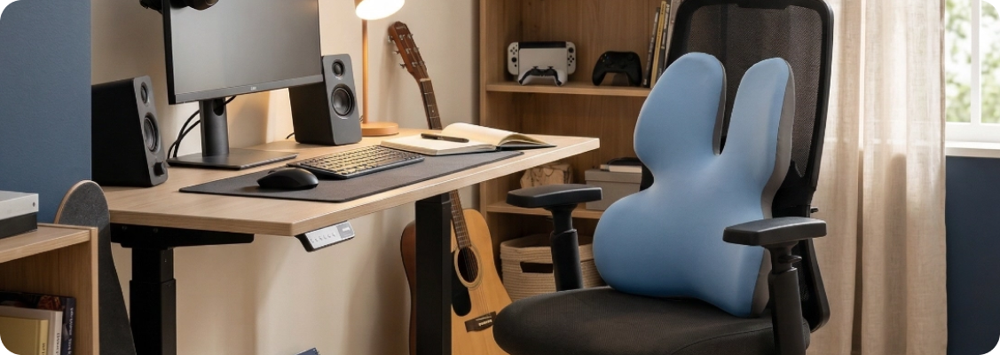 Ergonomic workstation – combination of a footrest and lumbar cushion for a healthy spine