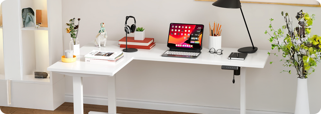 Close-up of the two-level desktop of the Spacetronik Loris desk with a built-in drawer and control panel with USB ports.