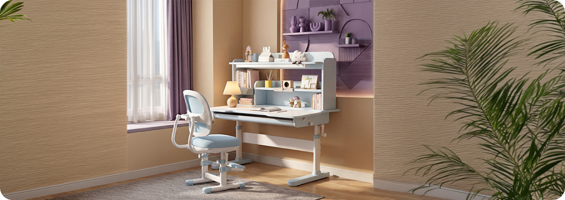 Ergonomic study station for a student with an electric desk growing with the child and an adjustable Spacetronik chair