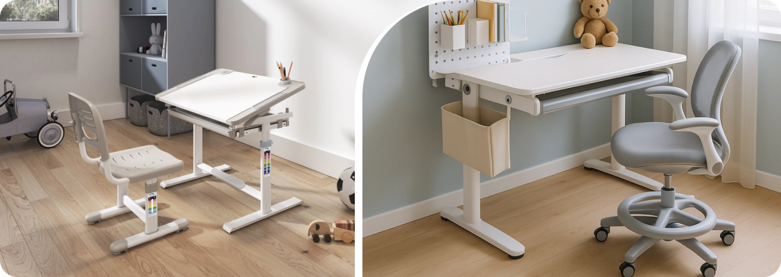 Ergonomic study station for a student showing an electric desk for children that grows with the child and a matching ergonomic Spacetronik chair for a child for a desk