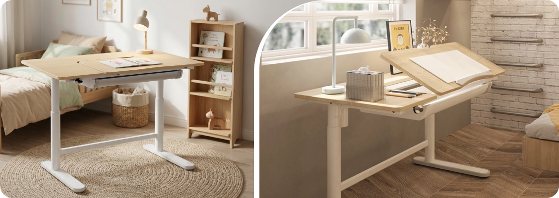 Modern, ergonomic study station for a student with an electric desk growing with the child and an adjustable Spacetronik chair.
