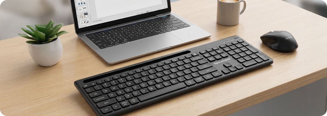 Photo of a complete ergonomic Spacetronik workstation with an adjustable desk, chair, ergonomic keyboard, and vertical mouse, symbolizing synergy and wellbeing
