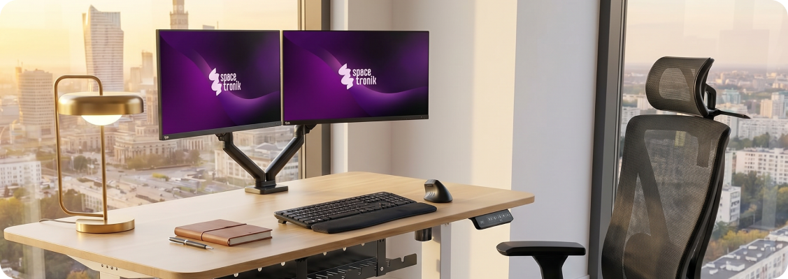 Modern ergonomic Spacetronik workstation with keyboard, mouse, and adjustable desk, ensuring comfort and productivity.