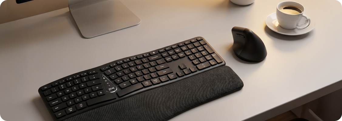 Spacetronik split keyboard ensuring natural positioning of the hands and wrists, key to health and productivity in remote work.