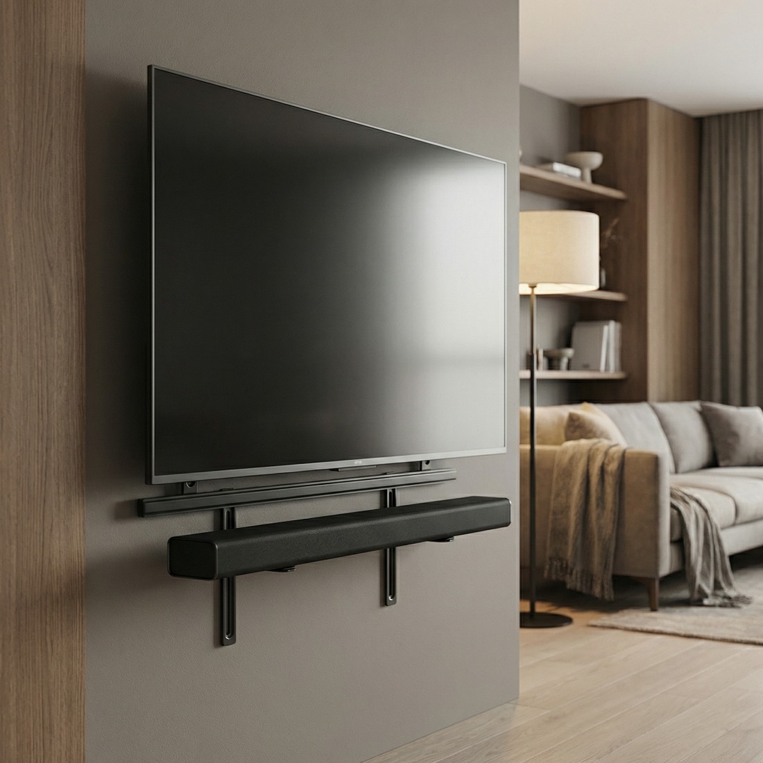 Minimalistyczny salon z soundbarem zamontowanym na uchwycie Spacetronik SPB032