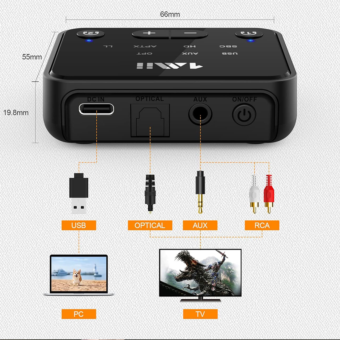 1Mii B06T6 kompatybilność z telewizorem wejście optyczne AUX USB RCA
