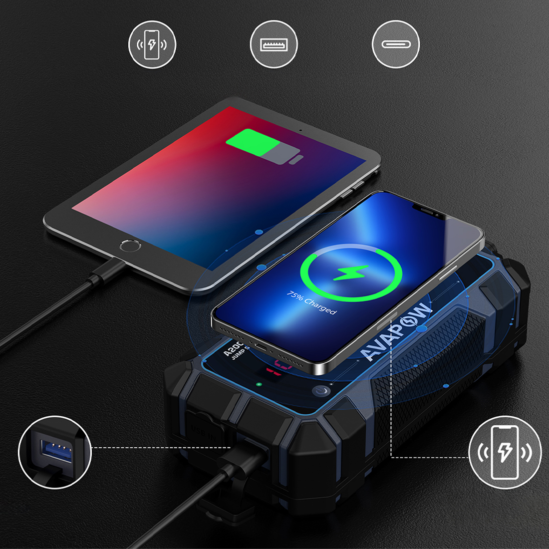 AVAPOW A9 Plus 44,4Wh 12000mAh z USB-C, USB-A QC3.0 i ładowaniem bezprzewodowym 10W – powerbank i booster rozruchowy 12V