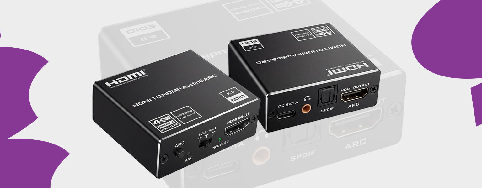 Extractor HDMI ARC Spacetronik SPH-AE06, HDMI audio extractor 4K, ARC SPDIF optical, HDMI to HDMI plus audio, wyjście SPDIF i jack 3.5, tryb 5.1CH Dolby DTS HD, zasilanie USB-C, przełącznik PASS 2CH 5.1CH