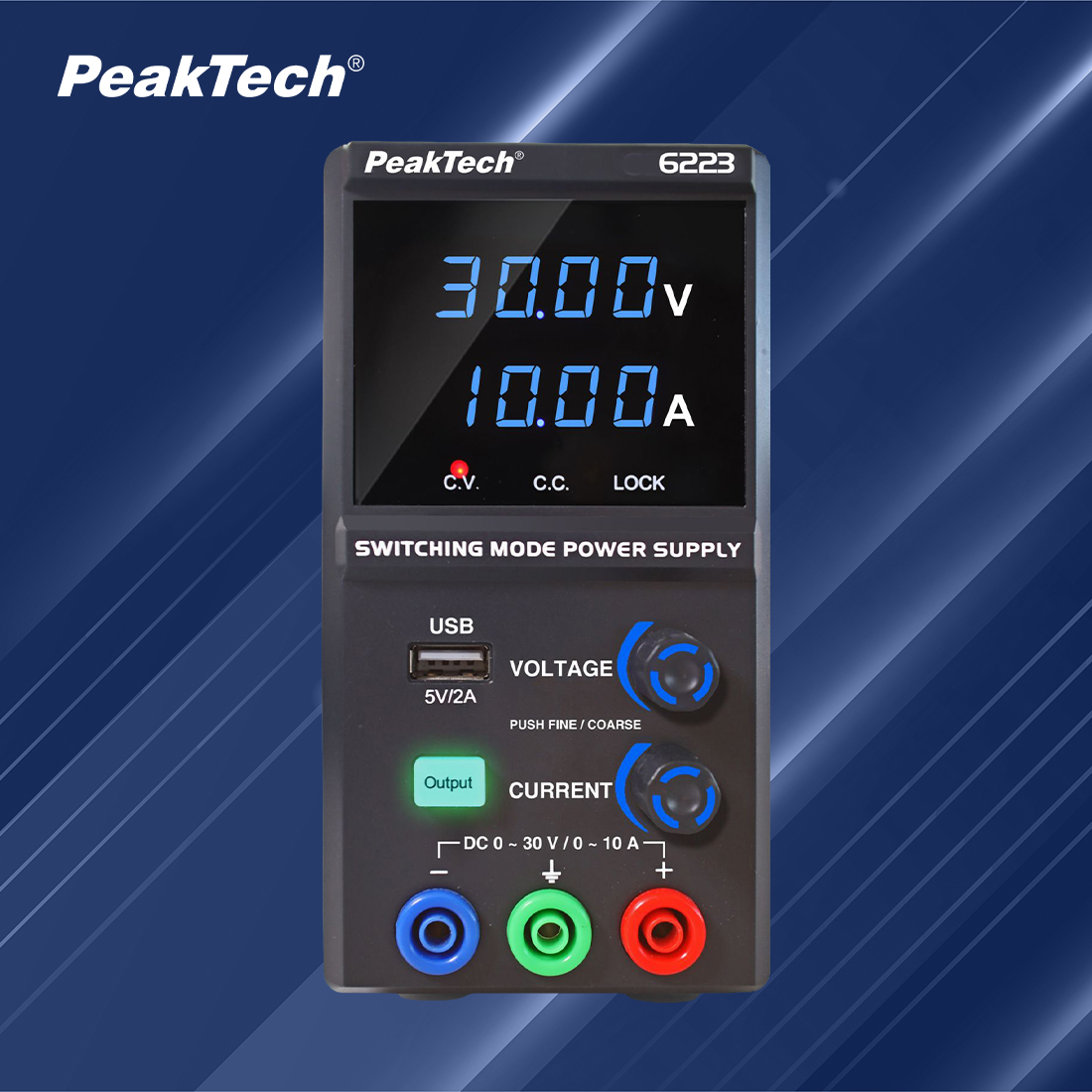 PeakTech 6223 zasilacz laboratoryjny DC 0-30V 10A panel przedni
