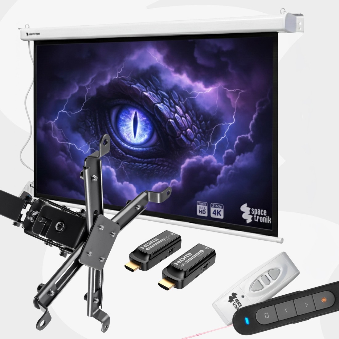 Zestaw: elektryczny ekran projekcyjny, uchwyt do projektora, transmiter HDMI i pilot do prezentacji
