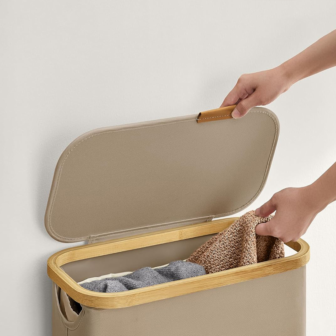 Kosz na pranie z pokrywą Spacetronik SFFL0011_V2 beżowy bambusowa ramka