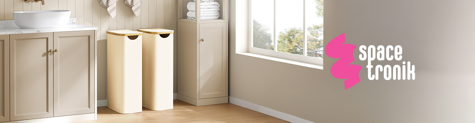 Składany kosz na pranie Spacetronik SFFL0011_V3 biały kremowy 65 litrów z pokrywą bambusową