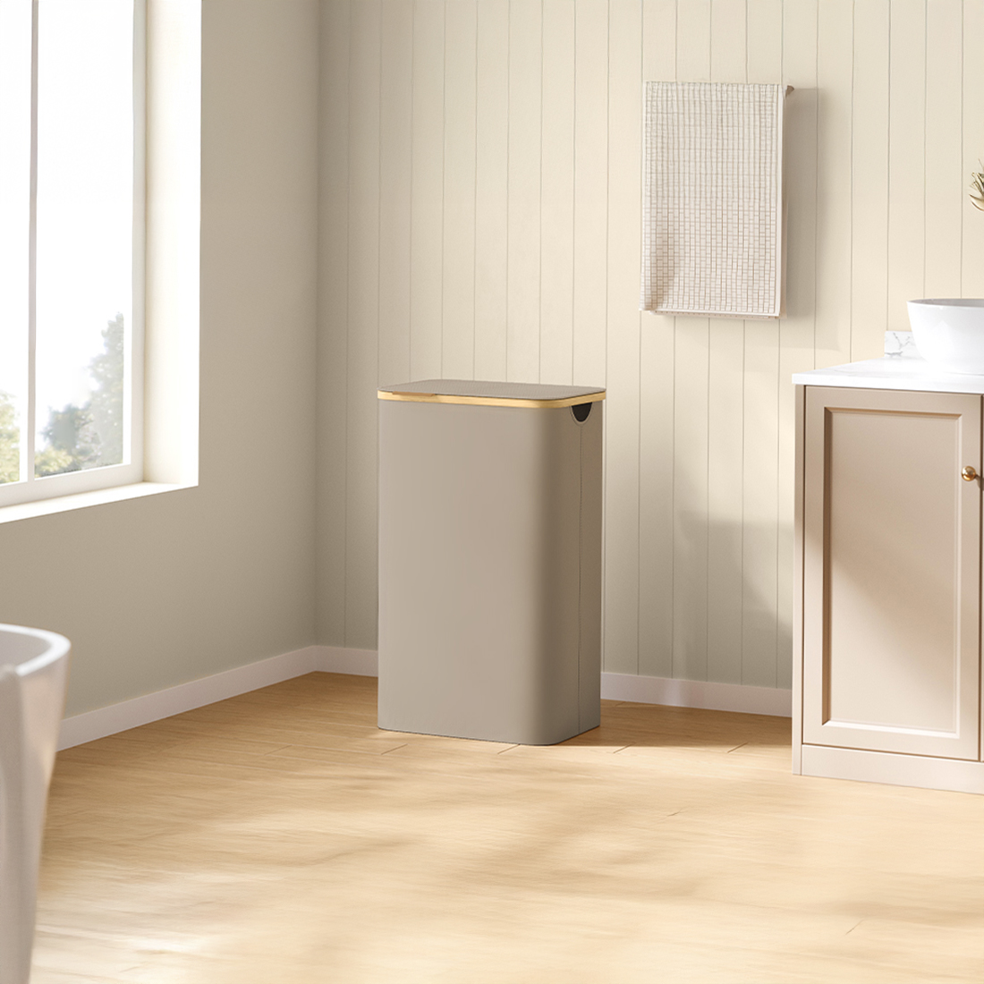 Kosz na pranie Spacetronik SFFL0012_V2 beżowy stabilna konstrukcja z bambusową ramką