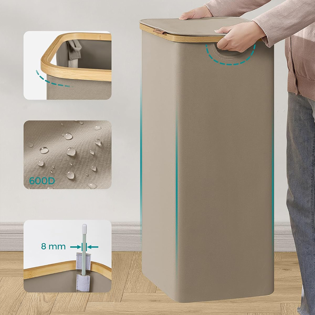 Kosz na pranie z pokrywą Spacetronik SFFL0012_V2 beżowy bambusowa ramka