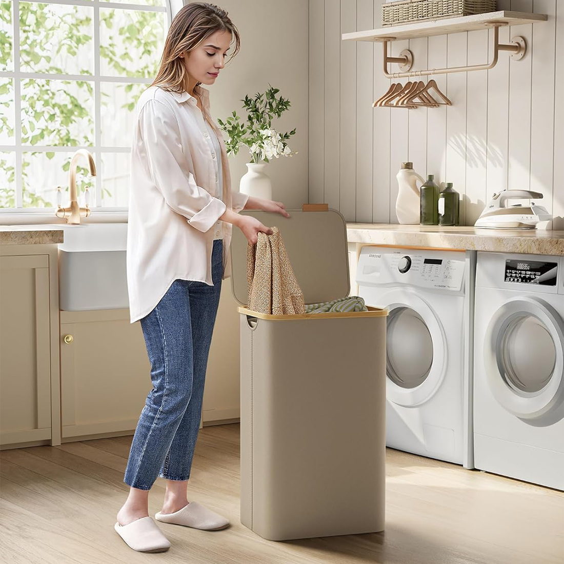 Pojemny kosz na pranie 90L Spacetronik SFFL0012_V2 beżowy do łazienki