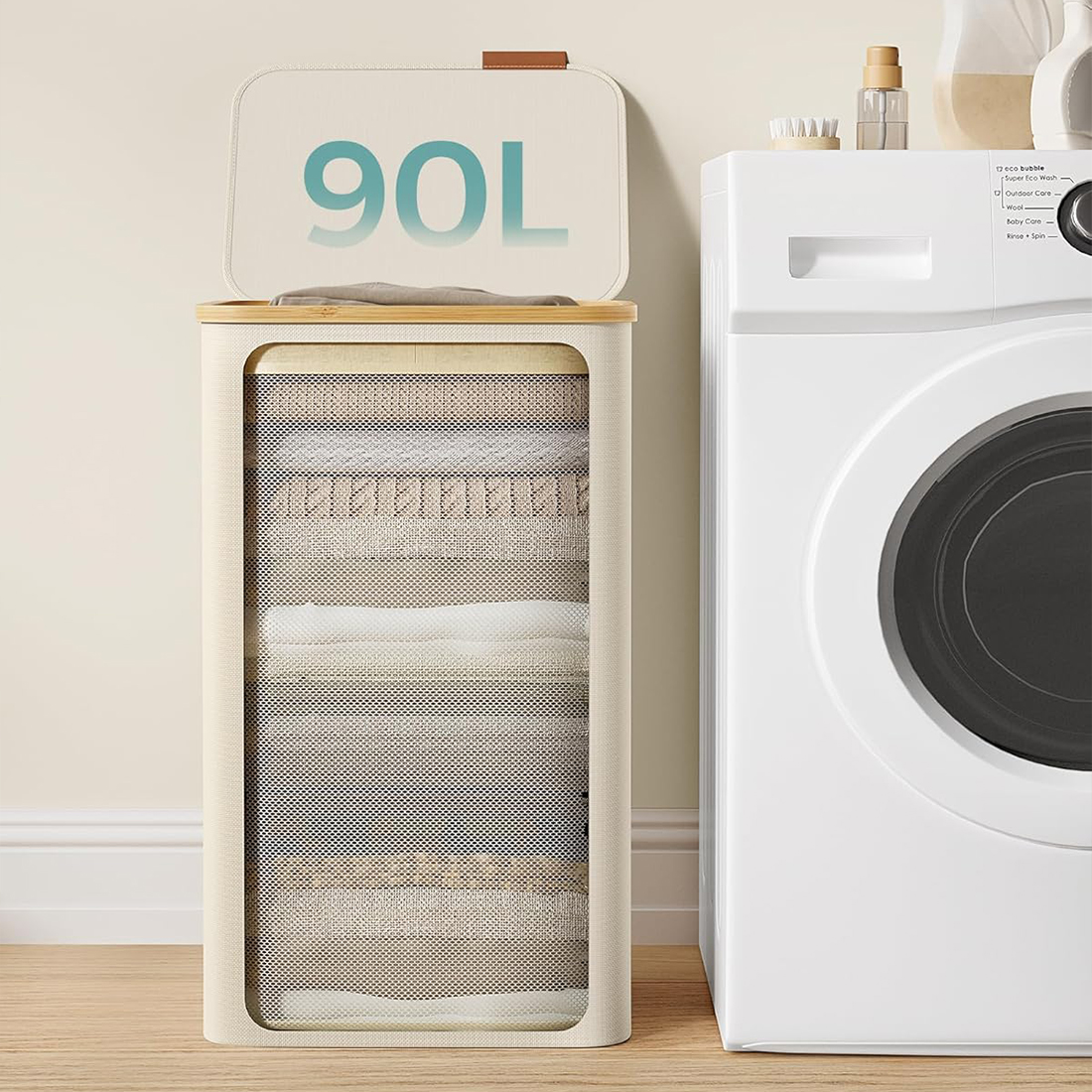 Pojemny kosz na pranie 90L Spacetronik SFFL0012_V3 kremowy biały do łazienki