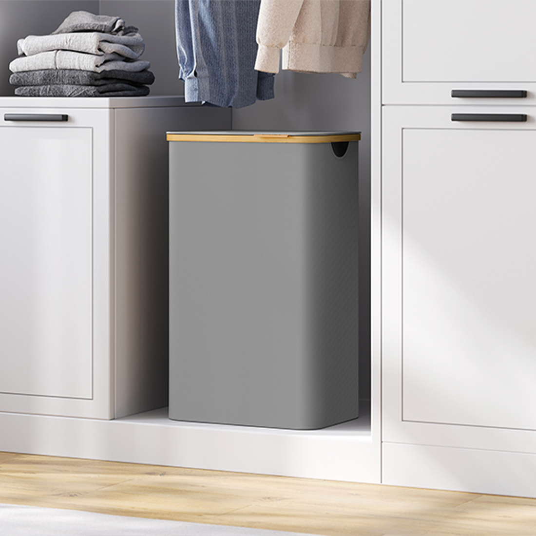 Kosz na pranie Spacetronik SFFL0012_V4 szary stabilna konstrukcja z bambusową ramką