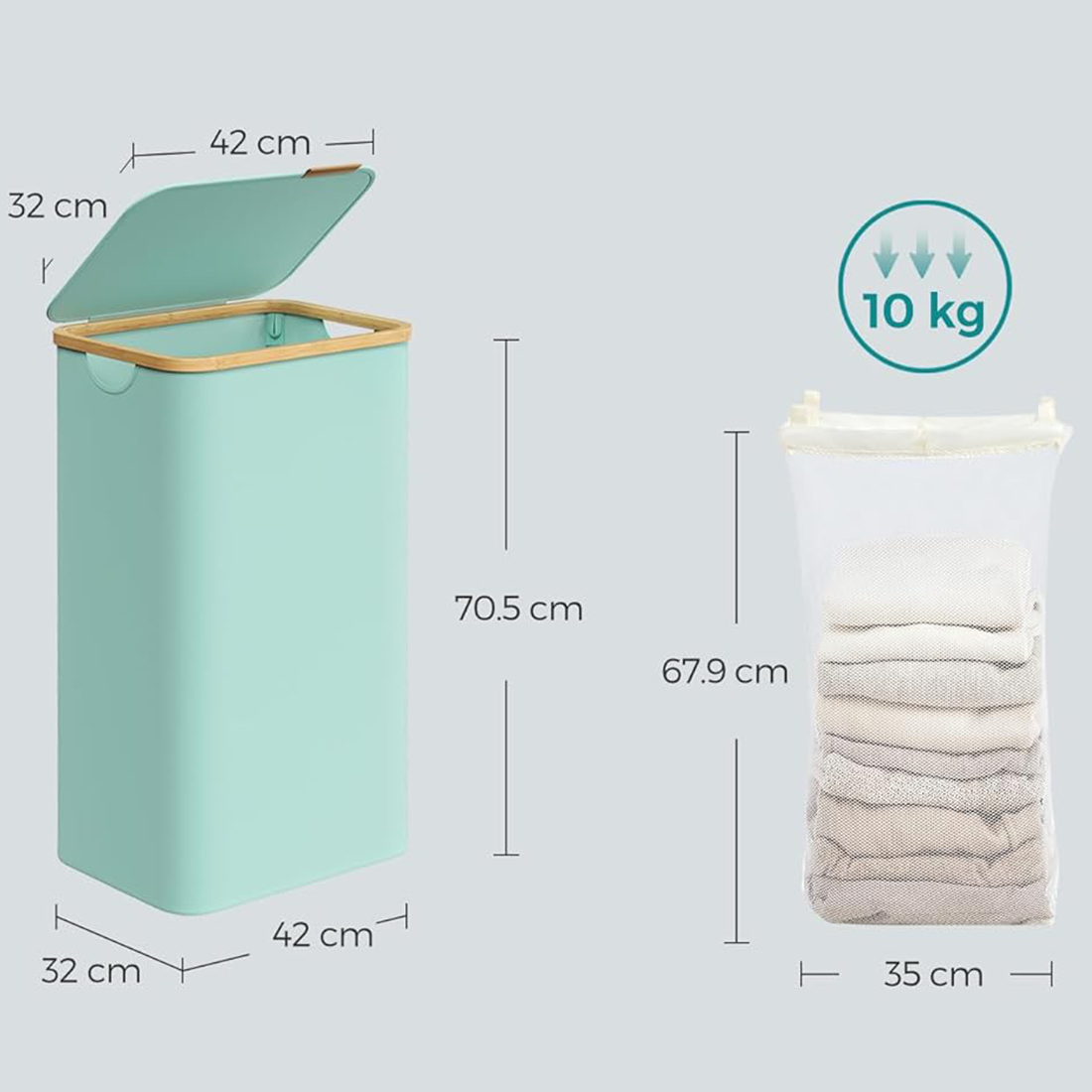 Wymiary kosza na pranie Spacetronik SFFL0012_V5 miętowy 42x32x70,5 cm