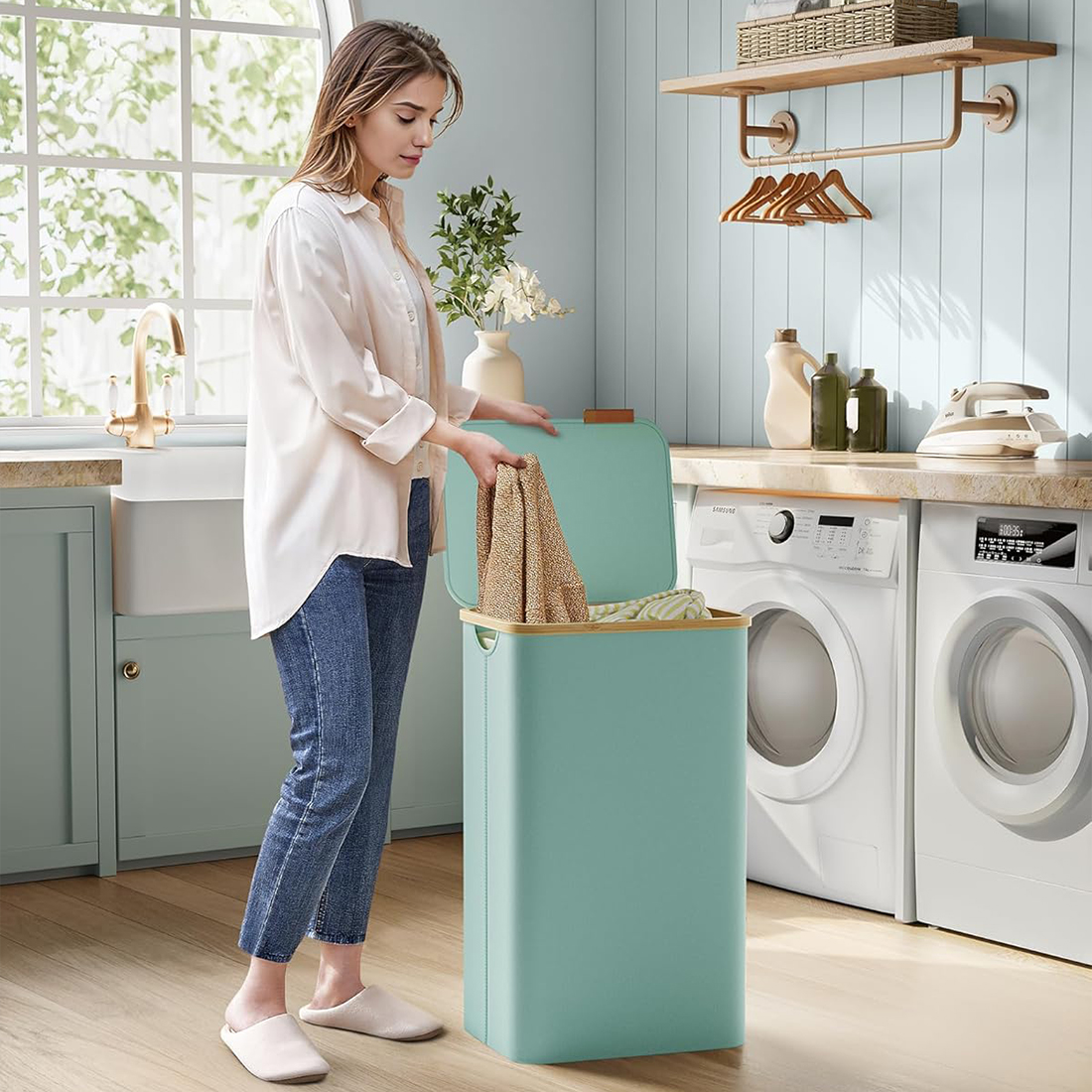 Kosz na pranie Spacetronik SFFL0012_V5 miętowy stabilna konstrukcja z bambusową ramką