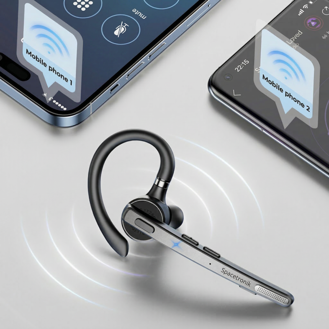 bezprzewodowy zestaw słuchawkowy, Spacetronik SP-HA01, słuchawki z redukcją szumów, technologia ENC, słuchawki Bluetooth, długotrwała bateria, chipset Qualcomm QCC3020, słuchawki do rozmów, słuchawki Bluetooth z etui, słuchawki do pracy