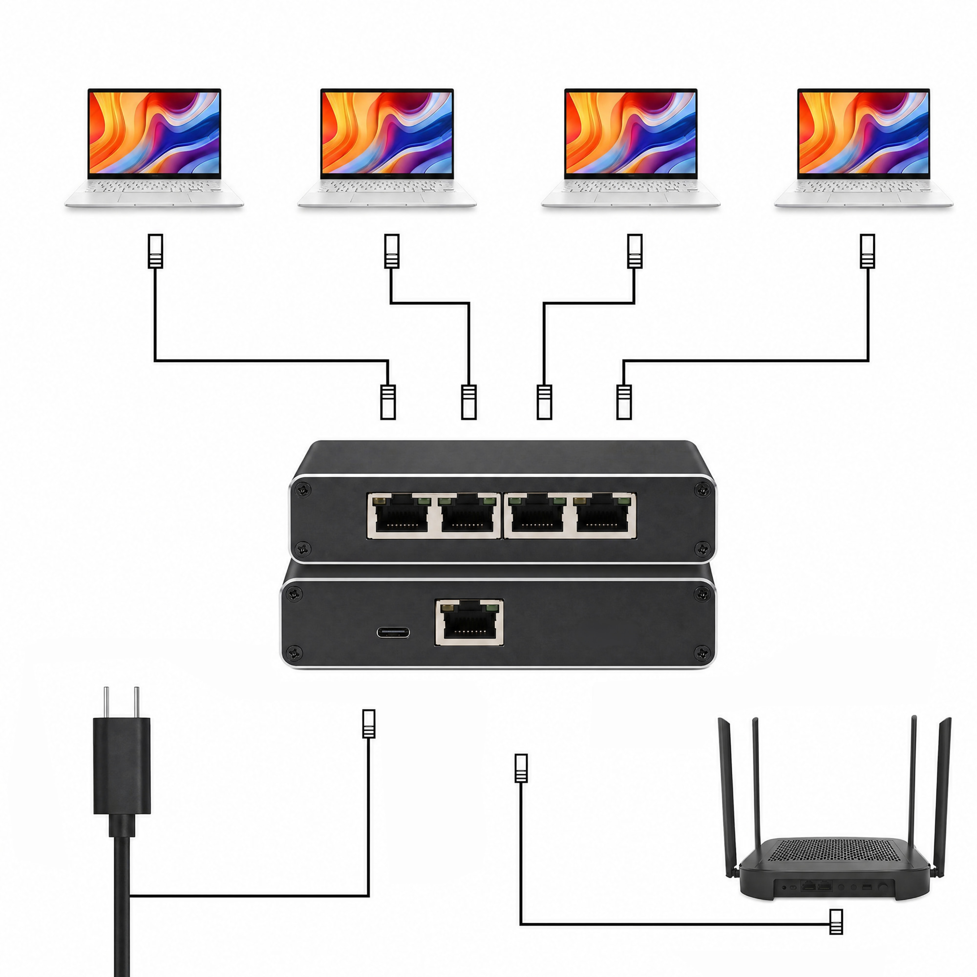 Rozdzielacz Ethernet RJ45 1 do 4 Spacetronik SP-SG104, rozgałęźnik RJ45 1000 Mb/s, switch Ethernet 4 porty Spacetronik, bezstratny rozdzielacz RJ45, Spacetronik SP-SG104 gigabit, splitter RJ45 do sieci domowej, rozdzielacz sygnału internetowego, Spacetronik RJ45 1 do 4, rozdzielacz LAN gigabitowy, switch RJ45 Spacetronik 1000 Mb/s