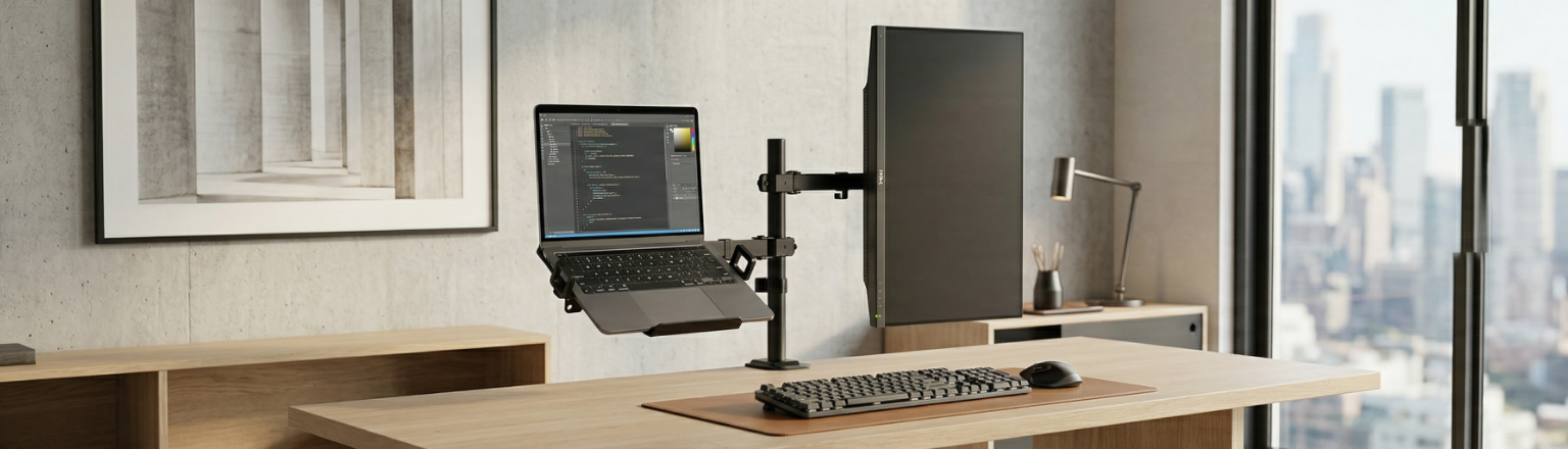 Uchwyt biurkowy SPA120PRO do monitora 17-32 cali z półką na laptopa 12-17 cali, stabilne ekonomiczne ramię ergonomiczne