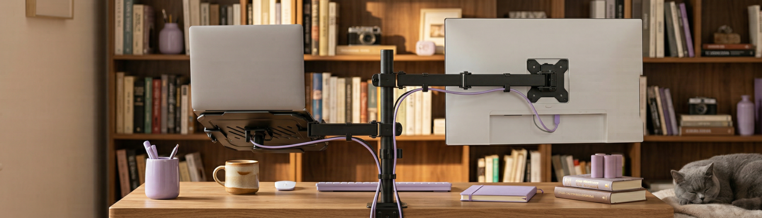Ekonomiczne ramię biurkowe SPA120PRO z uchwytem na monitor i półką na laptopa, ergonomiczne uporządkowane stanowisko pracy