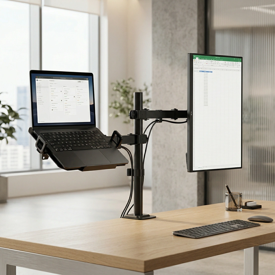 Ekonomiczne stalowe ramię SPA120PRO z funkcjami premium ergonomii i prowadzeniem kabli na monitor i laptop