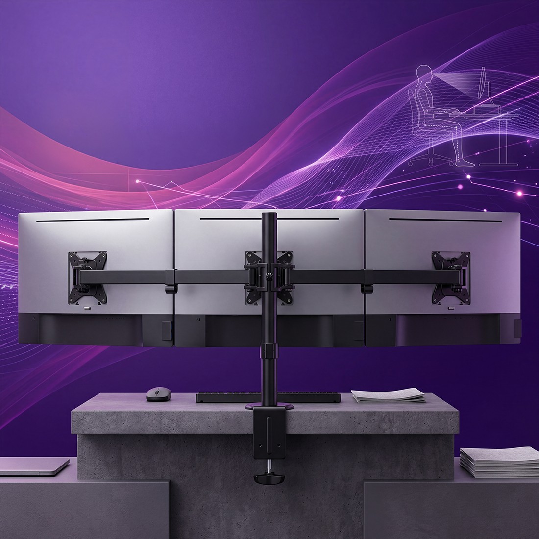 Optimale und ergonomische Anordnung von drei Monitoren auf dem Schreibtisch