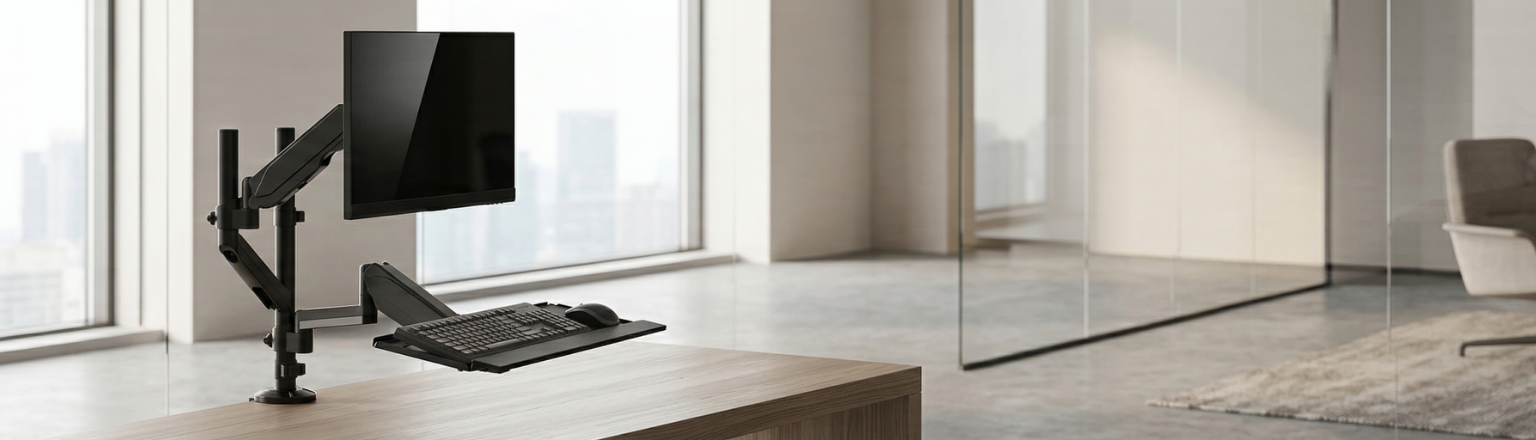 Ergonomiczna stacja robocza sit-stand Spacetronik SPAG210 w nowoczesnym biurze