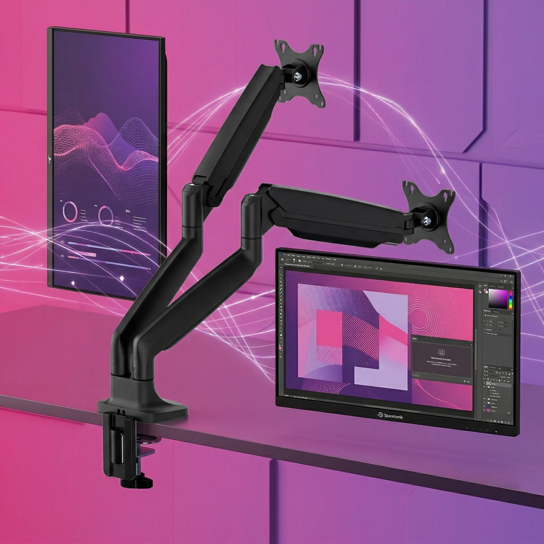 Halterung für zwei Monitore mit einem vertikal im Pivot-Modus gedrehten Bildschirm