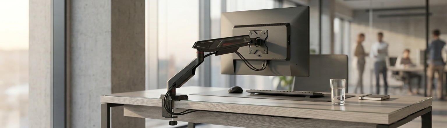 Gamingowe ramię do monitora Spacetronik SPASS110B z portami USB w nowoczesnym setupie