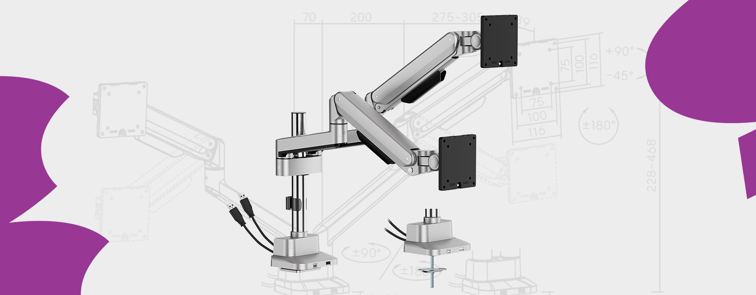 uchwyt do monitora z usb, uchwyt biurkowy 2 monitory, ramię do monitora 35 cali, uchwyt z usb-c, uchwyt z usb-a, uchwyt z regulacją wysokości, profesjonalne ramię do monitora, uchwyt spacetronik