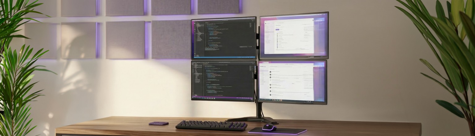 Wolnostojący poczwórny stojak na monitor Spacetronik SPAT140 na biurku