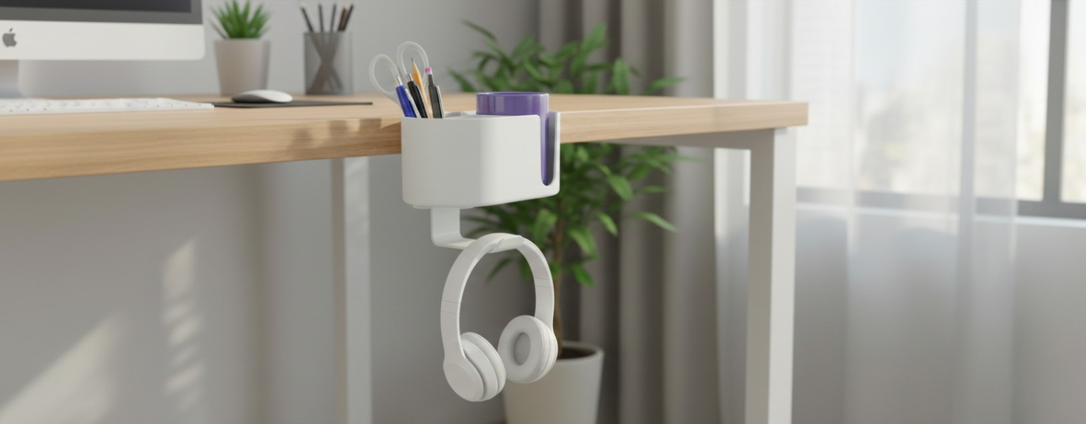 boczny organizer do biurka SPB028W biały na zacisk – uchwyt na kubek i haczyki na słuchawki