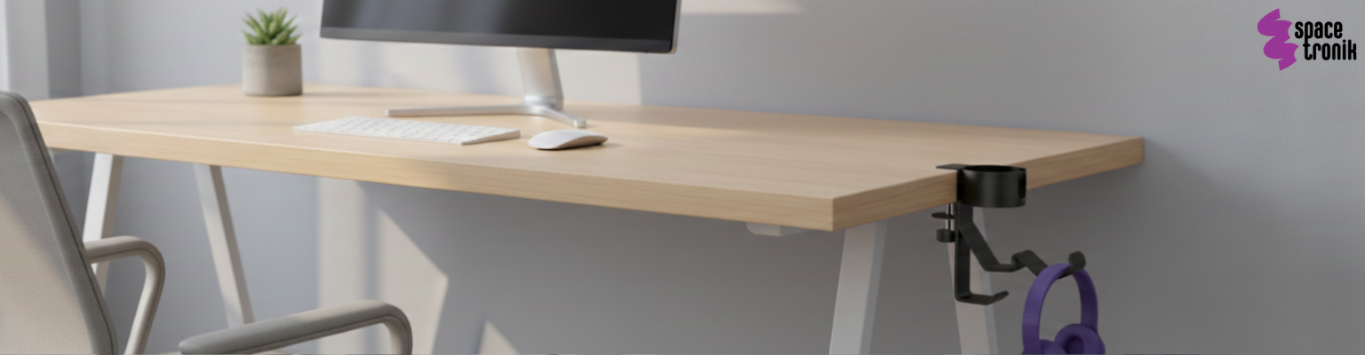 boczny organizer do biurka SPB029B czarny na zacisk uchwyt na kubek stal aluminium haczyki na słuchawki