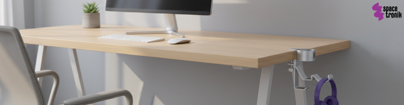 boczny organizer do biurka SPB029W biały na zacisk uchwyt na kubek stal aluminium haczyki na słuchawki