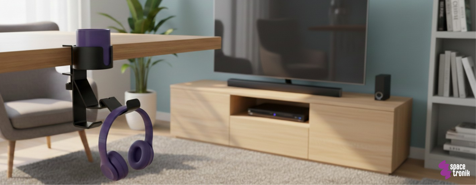 boczny organizer do biurka SPB029B czarny na zacisk – uchwyt na kubek i haczyki na słuchawki