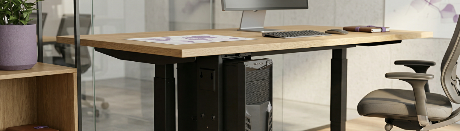 Regulowany uchwyt na komputer stacjonarny SPACETRONIK SPB105B zamontowany pod biurkiem, z wolną przestrzenią na nogi i uporządkowanymi kablami